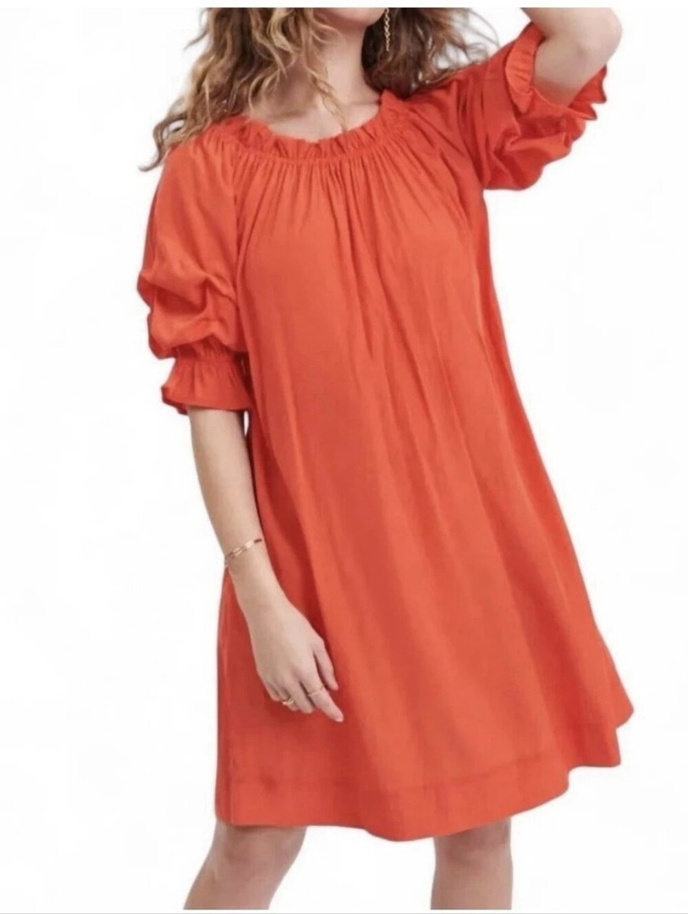 MERSEA x Anthropologie Tulum Ruffle Dress Sunset Orange Off Shoulder Medium - Picture 12 of 16
